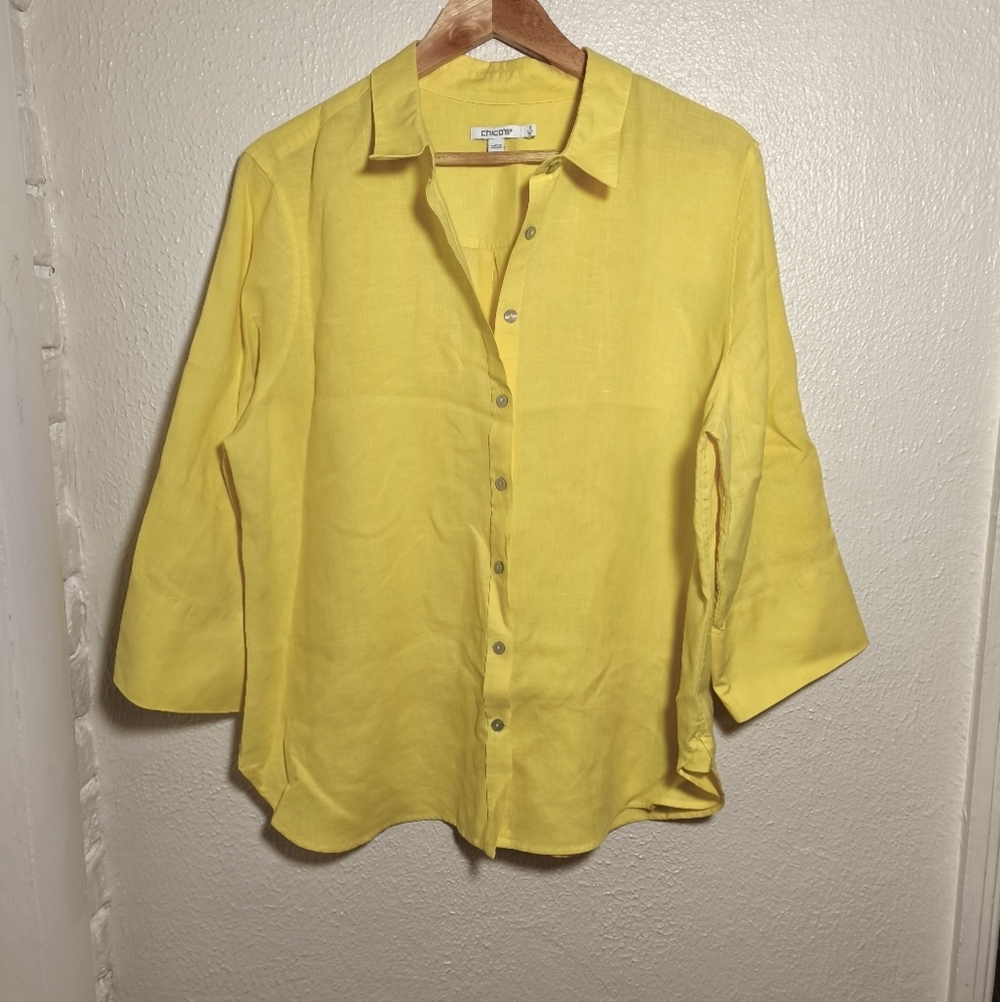 Chico's No Iron 100% Linen Button Down Blouse sz 16/3 Yellow Coastal Beach
